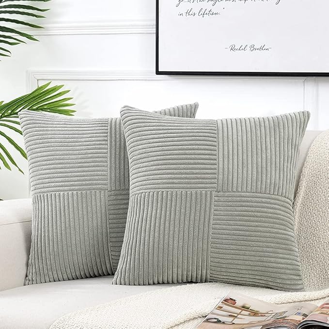 Fancy Homi 2 Packs Grey Decorative Throw Pillow Covers 16x16 Inch for Living Room Couch Bed Sofa, Rustic Farmhouse Boho Home Decor, Soft Corss Patchwork Corduroy Textured Square Cushion Case 40x40 cm