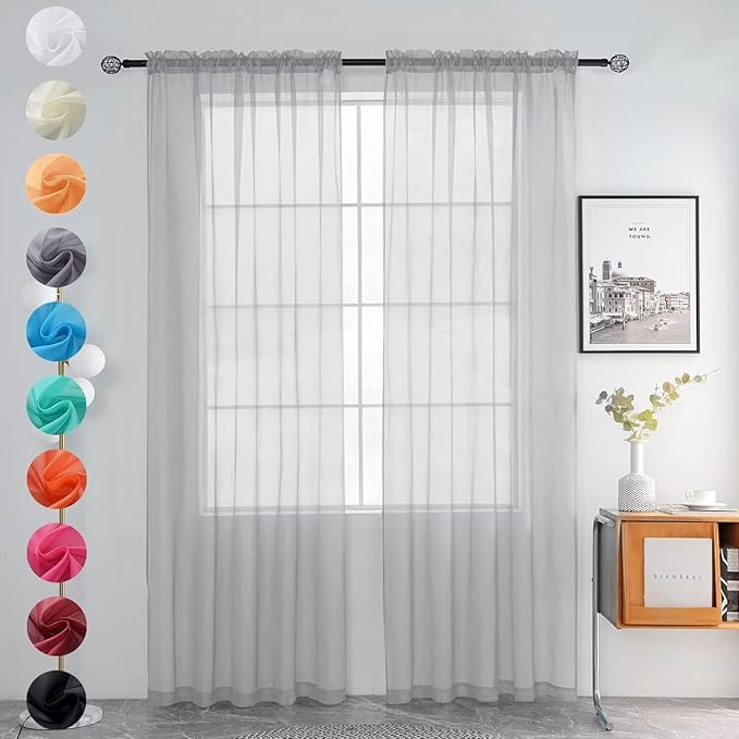 youleyar Solid Sheer Rod Pocket Curtain Voile Draperies 2 Panels White Beige Black Grey Ivory 52 Inch Width 108 Inch Long 1 Pair for Kitchen Bedroom Children Living Room Yard (Silver Grey,52Wｘ108L)