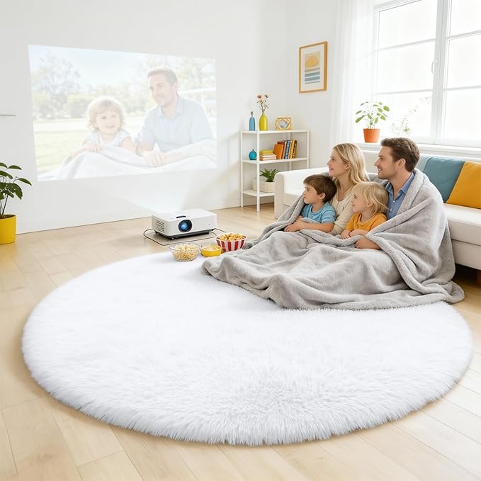 OLANLY White Round Rugs for Bedroom - Machine Washable, 5 ft Circle Area Rugs for Living Room, Soft and Fluffy Shaggy Carpet for Teen Girls and Boys, Nursery Rooms, Dorms, Home Decor Aesthetic