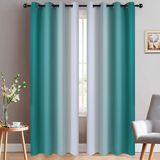 Yakamok 84 Inch Length Teal and Greyish White Light Blocking Gradient Color Ombre Curtains with Grommet, Room Darkening Window Treatment Drapes for Living Room(52x84 Inch, 2 Panels)