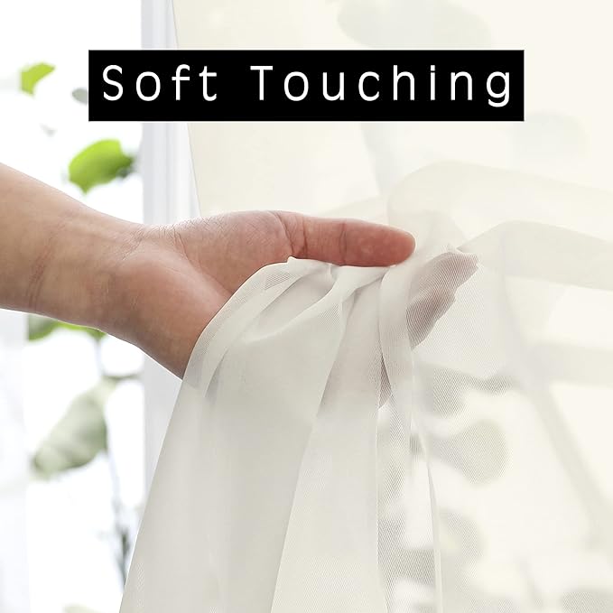 OWENIE Sheer Curtains Ivory, 45" Long Light Filtering Tiers for Kitchen, Bedroom, Short Panels Rod Pocket 2 Panels, Cafe Curtains Small Window, 42" W x 45" L