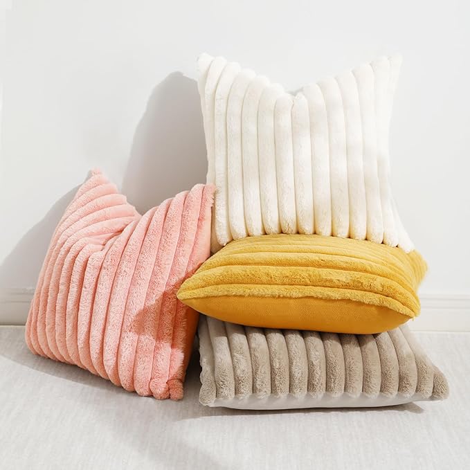 decorUhome Summer Cozy Faux Fur Throw Pillow Covers 24x24 Set of 2 Decorative Plush Striped Modern Farmhouse Boho Couch Euro Sham Pillow Cases with Velvet Back for Sofa Bed Living Room, Blush Pink