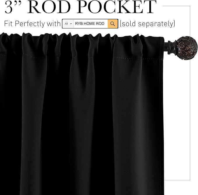 RYB HOME 54 inch Blackout Curtains for Living Room, Rod Pocket Thermal Insulated Small Window Drapes Room Darkening Shades for Bedroom Studio Dorm, W 42 x L 54 inch, Set of 2 Panels, Black