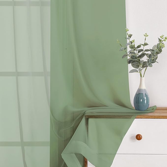 Chyhomenyc Sage Green Sheer Curtains 108 Inches Long - Light Filtering Voile Extra Long Panel Drapes for Floor to Ceiling Window, Elegant Soft Living Room Curtains, Each 42Wx108L Inch, 9FT, 2 Panels