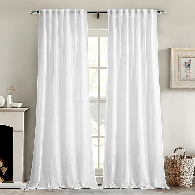 MIULEE White Linen Curtains 90 Inch Long 2 Panels for Bedroom Living Room, Soft Thick Linen Textured Back Tab Window Drapes Semi Sheer Light Filtering Rod Pocket Modern Farmhouse Decor
