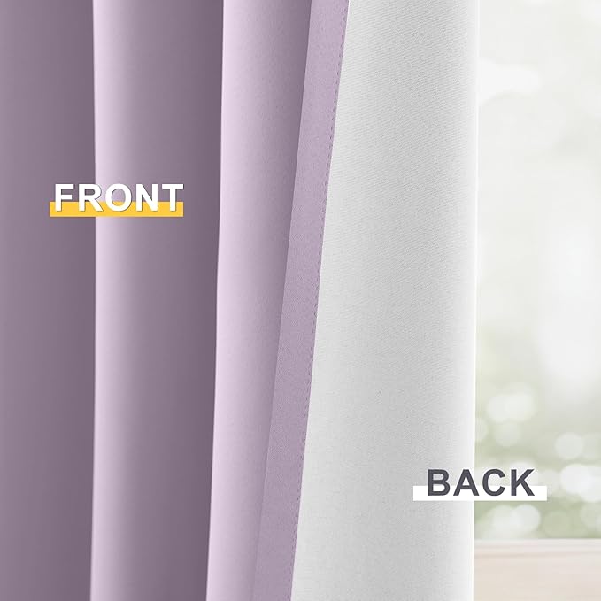 Yakamok 100% Blackout Curtain Panels 96 inches Cold and Light Blocking Drapes for Nursery, 2 Thick Layers Thermal Insulated Draperies (2 Pieces, 50 Wide Each Panel, Lilac Front with White Backing)