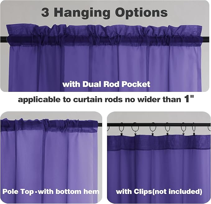 Chyhomenyc Sheer Valances for Windows 2 Pack, Small Window Curtains for Living Room Bathroom Cafe Laundry Basement, Modern Top Dual Rod Pocket Voile Curtain, 42W x 18L inches, Purple