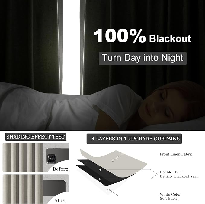 Topfinel 90 Inches Linen Curtains 100% Blackout Curtain for Bedroom Livingroom Vintage Farmhouse Linen Textured Thermal Room Darkening Drapes 2 Panels with Back Tab Rod Pocket Pinch Pleated Flax Grey