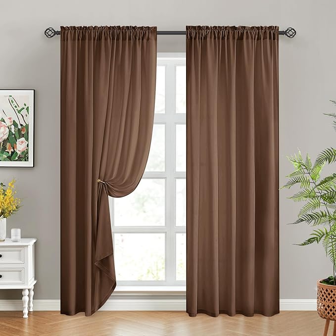 HOMEIDEAS Non-See-Through Brown Privacy Sheer Curtains, 52 X 96 Inches Long 2 Panels Sheer Curtains Light Filtering Window Drapes for Bedroom Living Room