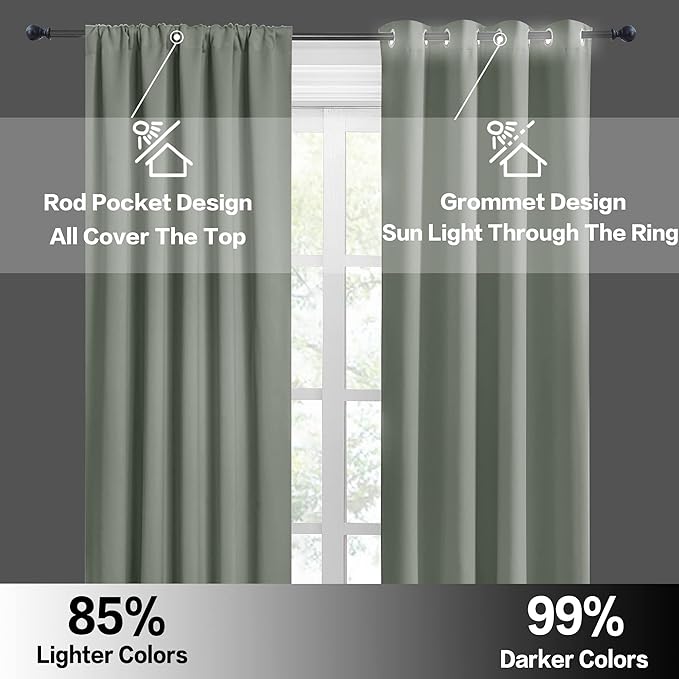 RYB HOME Short Blackout Curtains for Bedroom, Room Darkening Insulated Summer Heat Light UV Blocking Energy Saving Drapes for Nursery, Width 34 by Length 45, Greyish Green, Set of 2