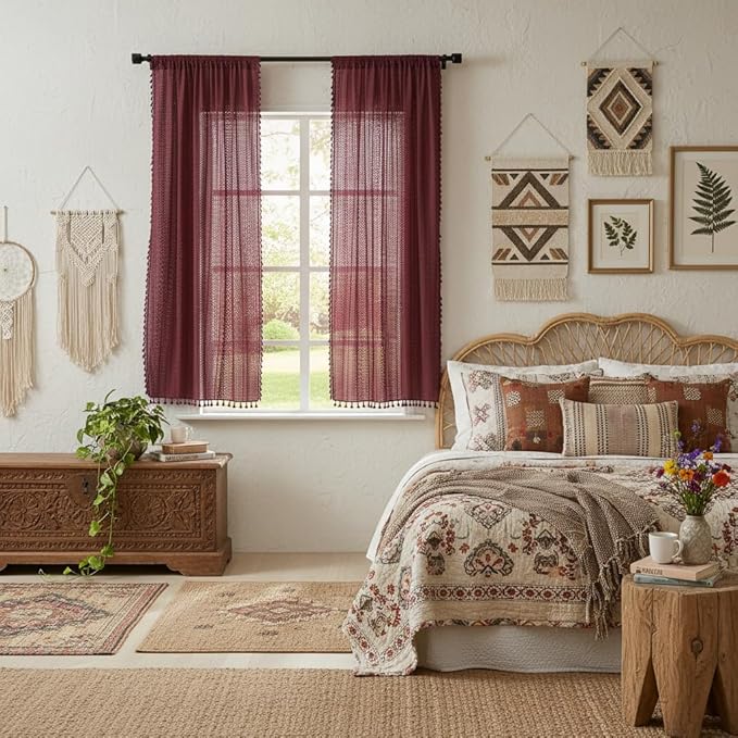 WAZZIO Boho Lace Curtains 63 Inches 2 Panel,Light Filtering Privacy Tassel & Geometry Crochet Semi Sheer Curtain Drapes for Bedroom Living Dining Room,Rod Pocket & Tassel,Burgundy Red