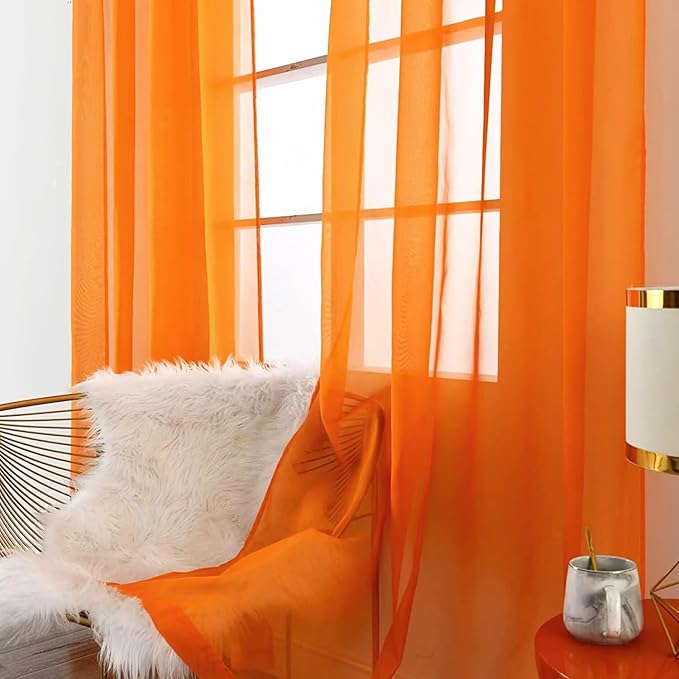 SpaceDresser Orange Sheer Curtains 4 Panels Rod Pocket Semi-Sheer Curtain 90 Inches Long Light Filtering Voile Window Drapes for Bedroom Living Room Kitchen, Each 52W x 90L
