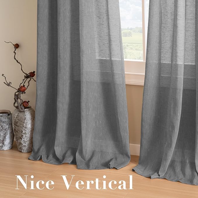 H.VERSAILTEX Linen Semi Sheer Curtains 63 Pair Set Linen Textured Sheer Curtains Nickel Grommet Window Treatment Panels for Bedroom, Open Weave, 52" W x 63" L, Charcoal Grey