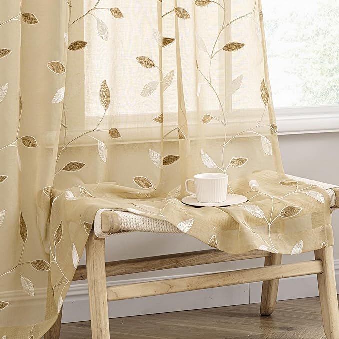 MIULEE Beige Sheer Curtains 2 Panels Embroidered Leaf Patterned Rod Pocket Floral Semi Sheer Faux Linen Window Curtains Drapes Set for Living Room Bedroom Dining Room, 52x96 Inches Long