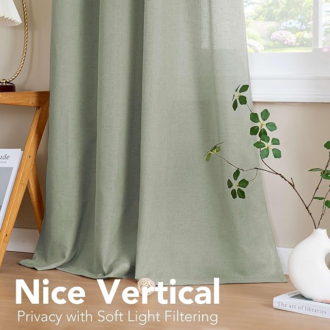 H.VERSAILTEX Living Room Linen Curtains - Semi Sheer, Nickel Grommet Energy Saving Light Filtering Window Treatments Panels for Bedroom, Sea Grass, 2 Panels, 52 x 54 - Inch