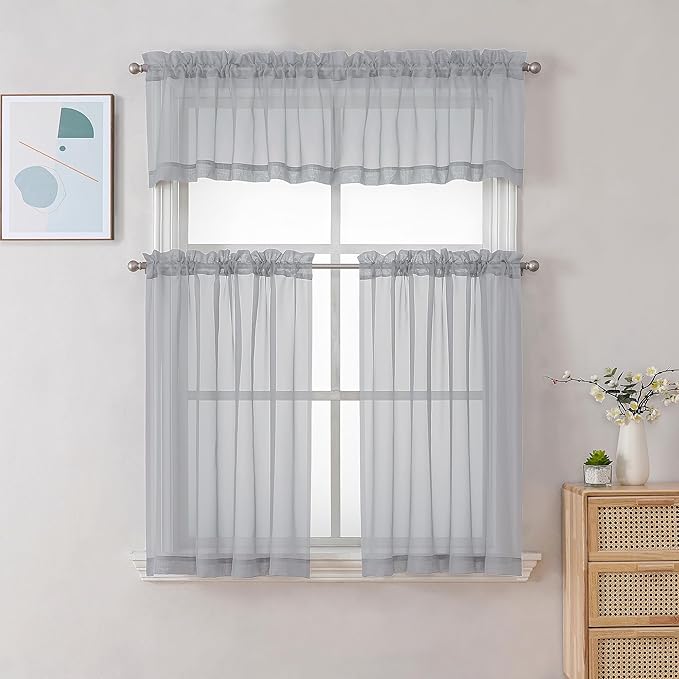 Chyhomenyc Sheer Light Grey Valances for Windows 2 Pack, Small Window Curtains for Living Room Bathroom Cafe Laundry Basement, Modern Top Dual Rod Pocket Voile Curtain, 42W x 14L inches