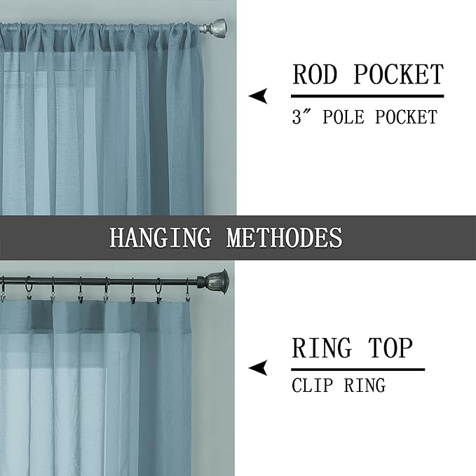 Tollpiz Sheer Curtains Living Room Linen Textured Curtain Sheers Light Filtering Voile Rod Pocket Curtains for Bedroom, 38 x 63 inches Long, Dusty Blue, Set of 2 Panels