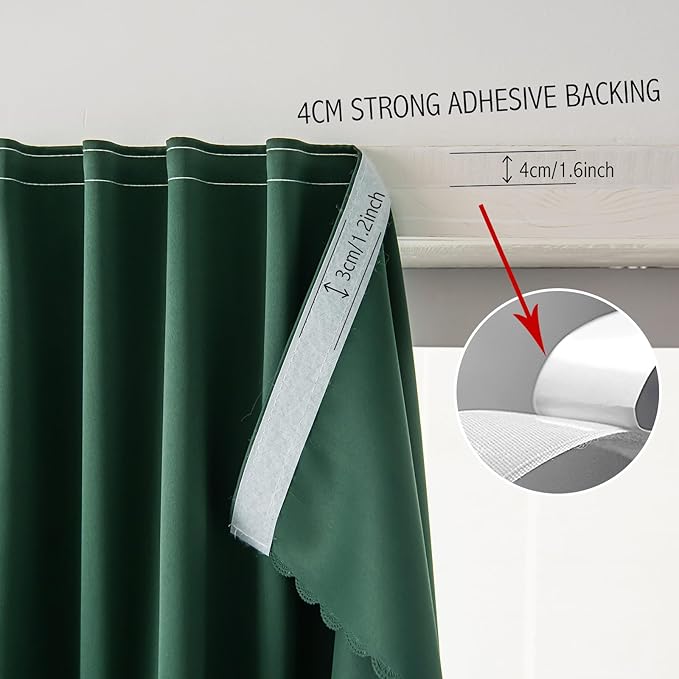 Blackout Curtains for Bedroom Sticky Curtain Blackout Window Cover Self Adhesive Curtains Rod No Drillng, 47" W X 84" L, Dark Green, 1 Panel