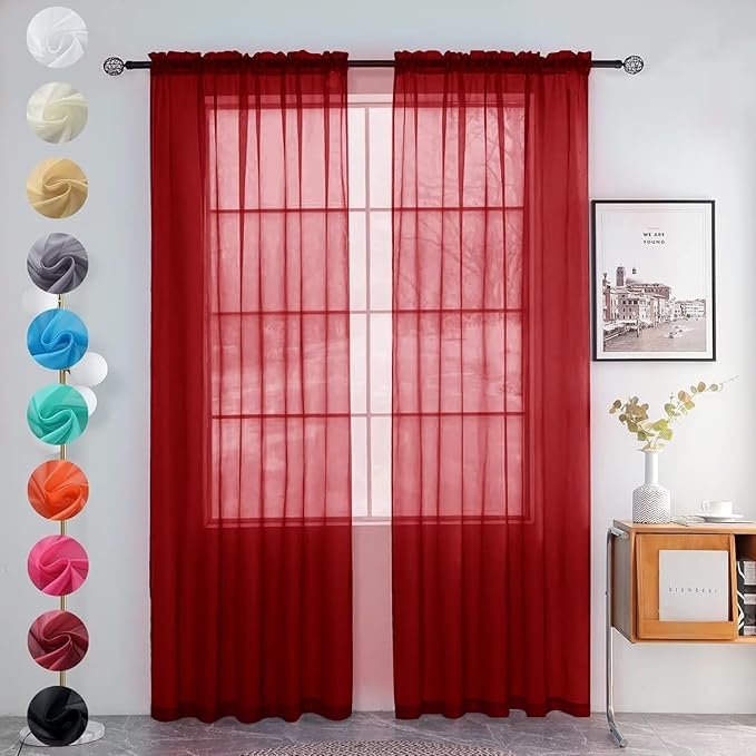 youleyar Solid Sheer Rod Pocket Curtain Voile Draperies 2 Panels White Beige Black Grey Ivory 52 Inch Width 84 Inch Long 1 Pair for Kitchen Bedroom Children Living Room Yard (Christmas Red,52Wｘ84L)