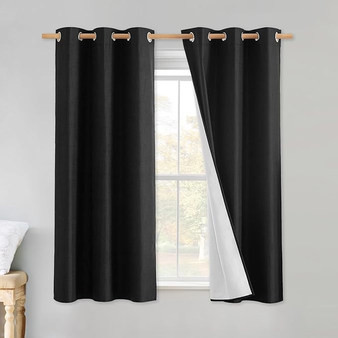 NICETOWN Vintage Open Linen Weave Flax Thermal Curtains, 100% Blackout Curtains 48 inches Long for Dining Room, Soundproof Window Treatment Drapes for Cupboard, Black, 34" Wide Per Panel, Set of 2