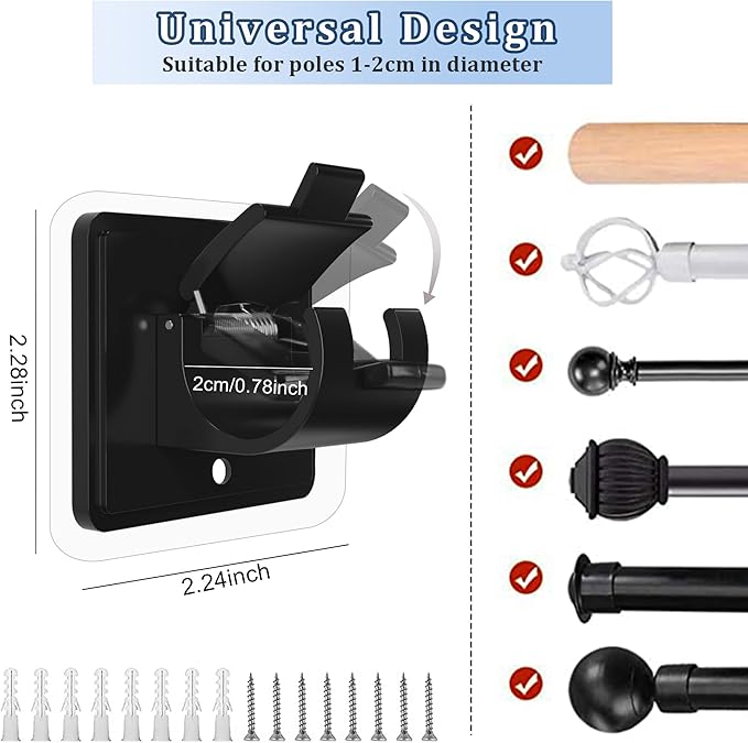 Codoule 10PCS Self Adhesive Curtain Rod Holders No Drill Curtain Rods Brackets No Drilling Nail Free Adjustable Curtain Rod Hooks Curtain Hangers for Bathroom Kitchen Home Bathroom Hotel(Black)