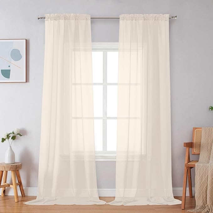 Simplebrand Cream Sheer Curtains 96 Inches Long 2 Panels, Light Filtering Rod Pocket Solid Color Window Sheer Curtain Panels, Elegant Curtains & Drapes for Living Room, Bedroom, 42" W x 96" L