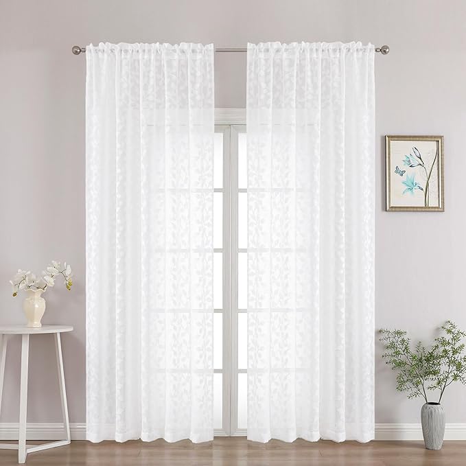 Chyhomenyc White Sheer Curtains 90 Inch Length 2 Panels Set, Light Filtering Tufted Textured Soft Airy Rod Pocket Gentle Leaf Window Treatment Drapes for Bedroom Living Room, 52" Wx90 L, 2PCS