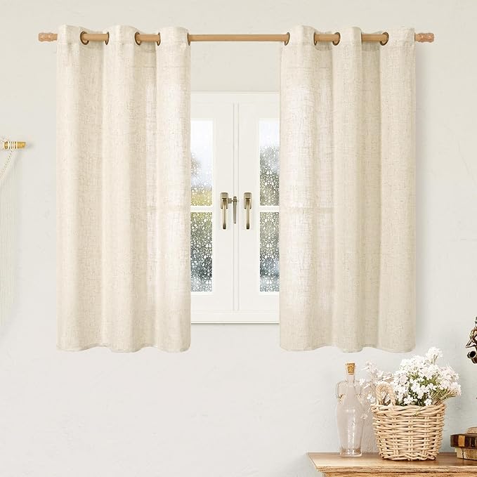LAMIT Beige Short Linen Curtains 54 Inch Length 2 Panel Set, Semi Sheer Bronze Grommet Window Drapes Light Filtering Neutral Boho Panels for Bedroom/Kitchen/Windows, 34 x 54 Inch
