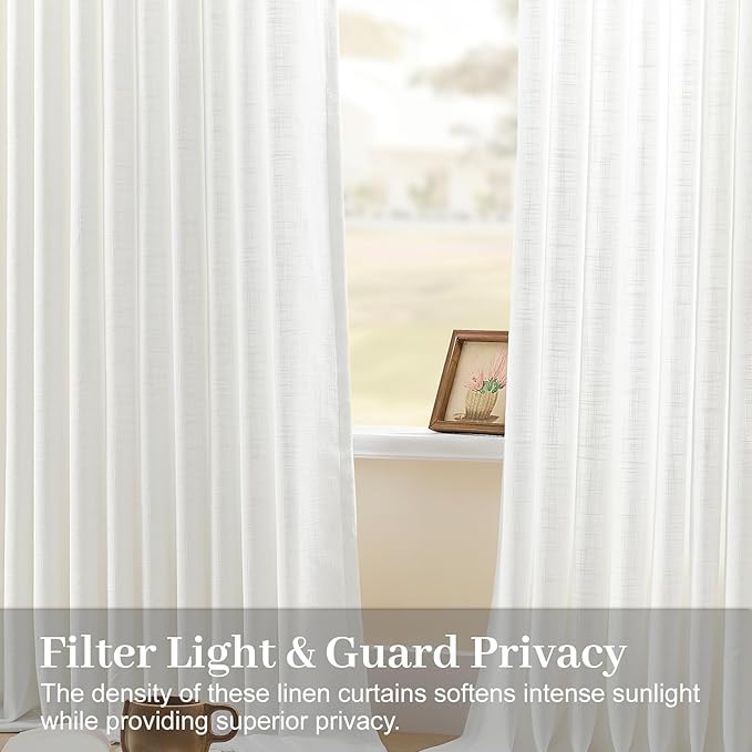 Snow White Pinch Pleated Curtains 96 inches long for Living Room, Semi Sheer Privacy Linen Blended Curtain Memory Trained Back Tab Drapes with Rings Hooks for Bedroom Office, 2 Panels, W40xL96