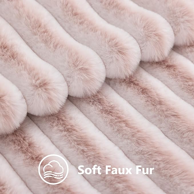decorUhome Summer Cozy Faux Fur Throw Pillow Covers 26x26 Set of 2 Decorative Plush Striped Modern Farmhouse Boho Couch Euro Sham Pillow Cases with Velvet Back for Sofa Bed Living Room, Pink White