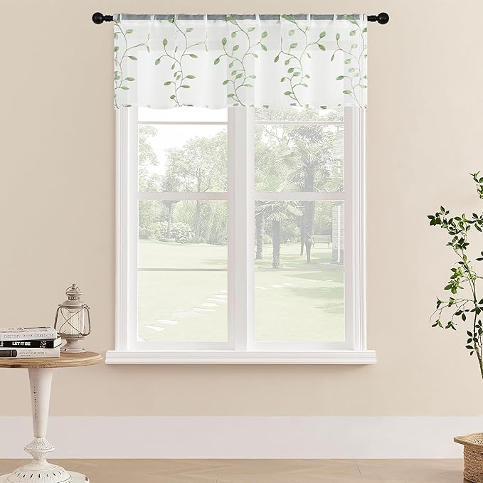 MRTREES Sheer Voile Curtain Valances 2 Panels, Sage Green Leaves Embroidered Valance Curtains 54x16 Inches, Rod Pocket Small Sheer Window Valance for Bedroom/Living Room/Kitchen(Greyish Green Leaves)