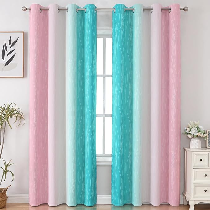 Estelar Textiler Pink and Teal Ombre Blackout Curtains 90 Inches Long 2 Panels Set, Thermal Insulated Drapes for Bedroom, Full Light Blocking Grommet Gradient Curtains for Living Room, 52Wx90L