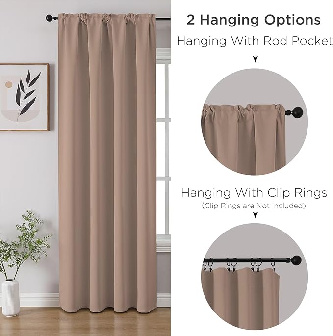 CUCRAF Khaki Blackout Curtains 63 inch Length 2 Panels Set, Rod Pocket Room Darkening Drapes for Bedroom Living Room, Insulated Thermal Light Blocking Window Curtain (W52 x L63 Inch)
