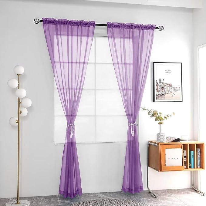 youleyar Solid Sheer Rod Pocket Curtain Voile Draperies 2 Panels White Beige Black Ivory Coffee 26 Inch Width 40 Inch Long 1 Pair for Kitchen Bedroom Children Living Room Yard(Lavender,26W x 40L)