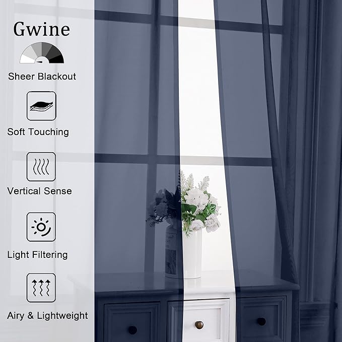 Gwine Navy Blue Sheer Kitchen Curtains 36 Inch Length, Light Filtering Voile Soft Airy Small Cafe Curtains, Short Window Curtain for Bathroom Basement, 42x36 inch, 2PCS