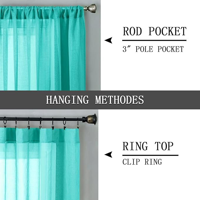 Tollpiz Sheer Tier Curtain Linen Textured Half Kitchen Curtains Sheer Light Filtering Rod Pocket Voile Small Curtains for Bathroom, 25 x 36 inches Long, Aqua Blue, Set of 2 Panels
