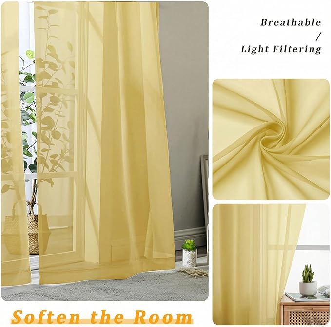 Gwine Short Kitchen Sheer Curtains 30 Inch Length - Light Filtering Voile Small Half Window Curtain for Basement, Rod Pocket Cafe Curtains for Bathroom Cabinet, 42Wx30L Inch, 2 Panels, Yellow
