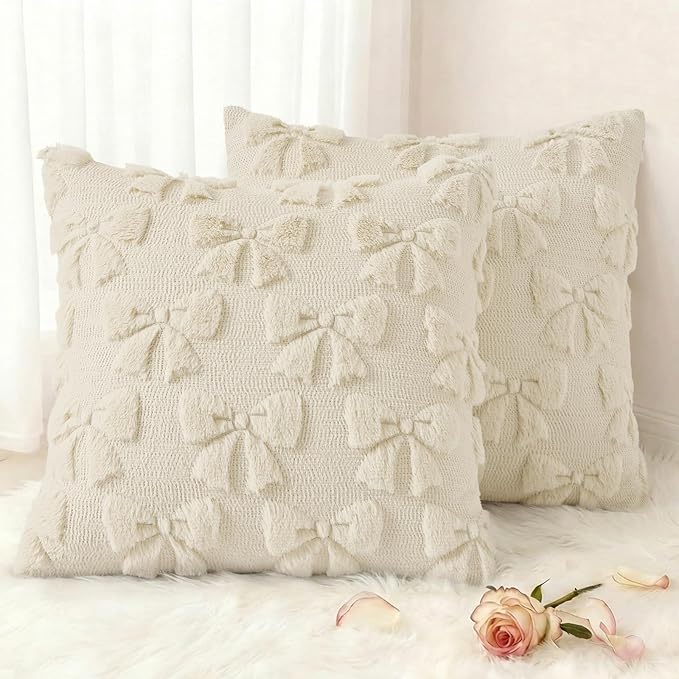 decorUhome Beige Bow Pillow Covers Set of 2 Coquette Aesthetic Cute Preppy Plush Faux Pillowcases for Girly Bedroom or Couch 20x20 Inch