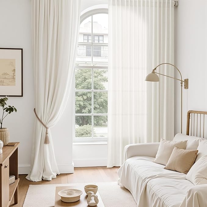Nanspring Neutral Linen Curtains 120 Inches Long for Living Room Linen Sheer Curtain Back Tab Coastal Modern Farmhouse Floor to Ceiling Drapes for Bedroom Office High Window 52x120, 2 Panels