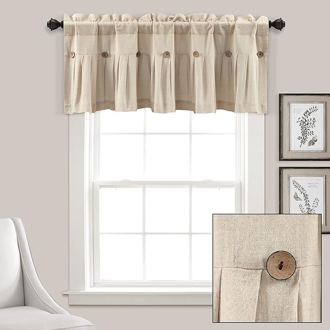 Lush Decor Linen Button Farmhouse Valance Curtians 52"W x 18"L Dark Linen - Linen Valances For Windows - Kitchen Curtains Valances - Bathroom Curtain