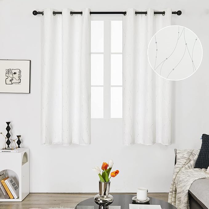 Deconovo White Curtains 63 Inches Long, Room Darkening Curtain, Thermal Insulated Soundproof Drapes, Wave Dots Silver Print, Grommet Top, Window Panels for Living Room Bedroom Nursery Office, Set of 2