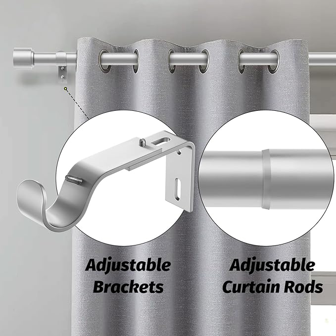 GEEBOBO 2 Pack Silver Curtain Rods for Windows 66 to 120 Inch, 1 Inch Adjustable Heavy Duty Easy Install Curtain Rods Set for Outdoor, Patio, Farmhouse, Bedroom, Living Room (Silver,30"-120",2 Pack)