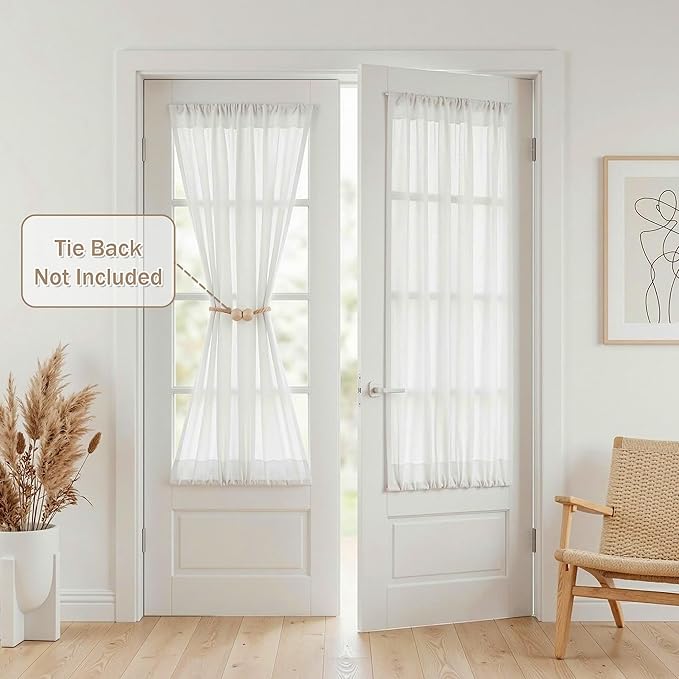 MYSKY HOME White French Door Curtains for Door Window 40 Inch Length 2 Panels Semi Sheer Light Filtering Curtain for Glass Small Window Drapes Rod Pocket for Bedroom Bathroom, Pure White, 26" Wide