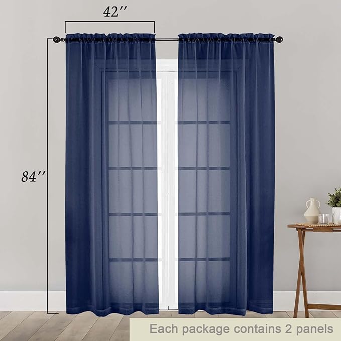 Navy Blue Sheer Curtains 84 Inches Long 2 Panels, Soft Airy Light Filtering Curtains for Bedroom Living Room, Rod Pocket Privacy Drapes Window Treatments, Navy Blue, Total Wide 84 Inch