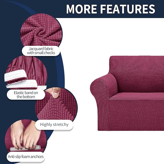 Cupuamon 2026 New Stretch Oversized Sofa Slipcovers Couch Sofa Cover for 4 Seater Furniture Protector Covers with Elastic Bottom Jacquard Fabric Small Checks for Pets, Kids - Wine