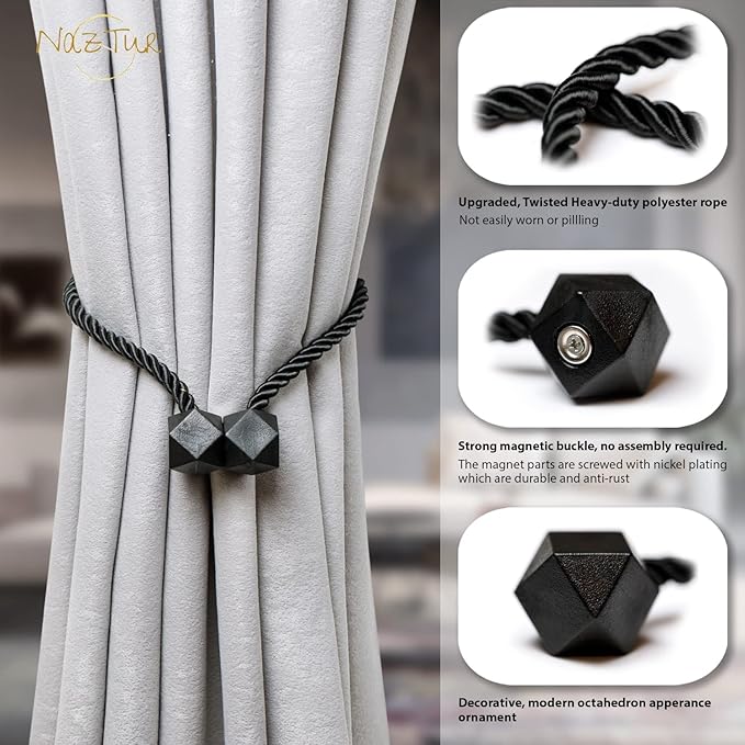 NazTur Magnetic Curtain Tiebacks- Upgrade 2022 with a Thicker Twist Rope & Strong Magnet Tieback Window Treatment Holdbacks Draperies Holders Decorative Drape Handmade Tie Back (Black, 2)