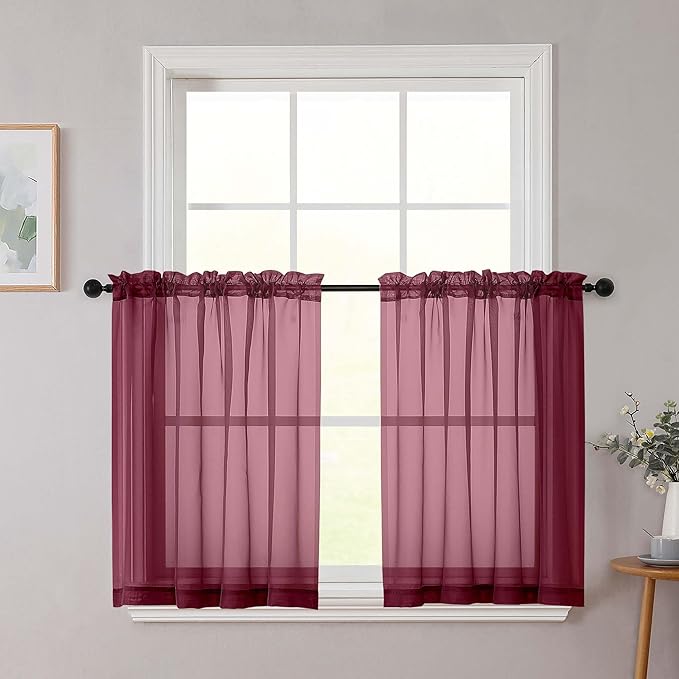 Burgundy Kitchen Curtains 30 Inch Length Tier 2 PCS, Solid Soft Airy Half Curtains for Windows, Sheer Rod Pocket Drapes for Bathroom Basement Small Window, Burgundy, 42" Wx30 L Inches