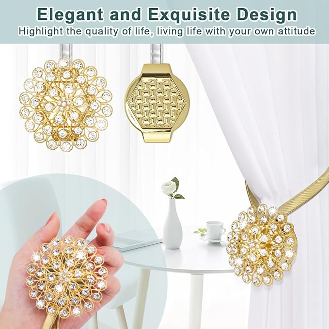 AULEEP Magnetic Curtain Tiebacks, 4 Pack Magnetic Crystal Decorative Drapes Curtain Clips Buckle, Flower Curtain Tie Back, European and American Style (Gold)