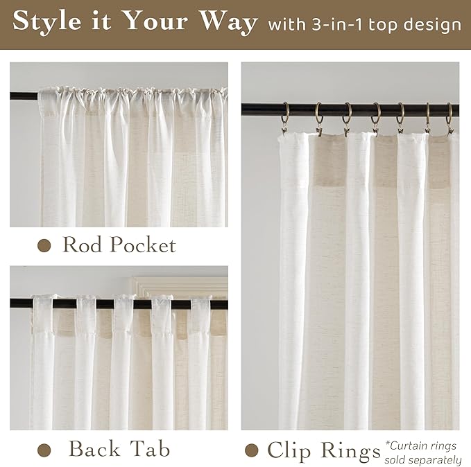 RYB HOME Linen Sheer Curtains Light & Airy Translucent Privacy Protected Vertical Panels for Bedroom Living Room, Rod Pocket & Back Tab, Ivory, W 52 x L 95 inch, 2 Panels