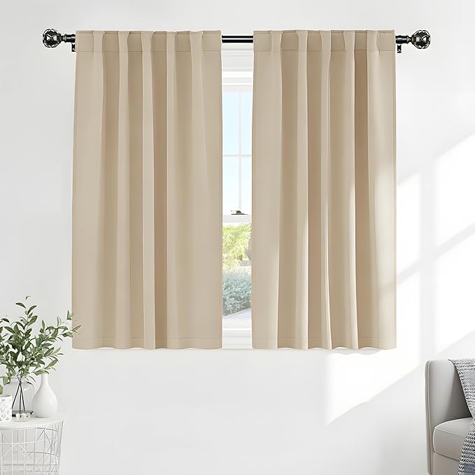 PONY DANCE Window Curtains Drapes - Energy Saving Back Tab/Rod Pocket Room Darkening Thermal Curtain Draperies Heavy-Duty for Kitchen, 52 by 54 inch, Biscotti Beige, Double Panels